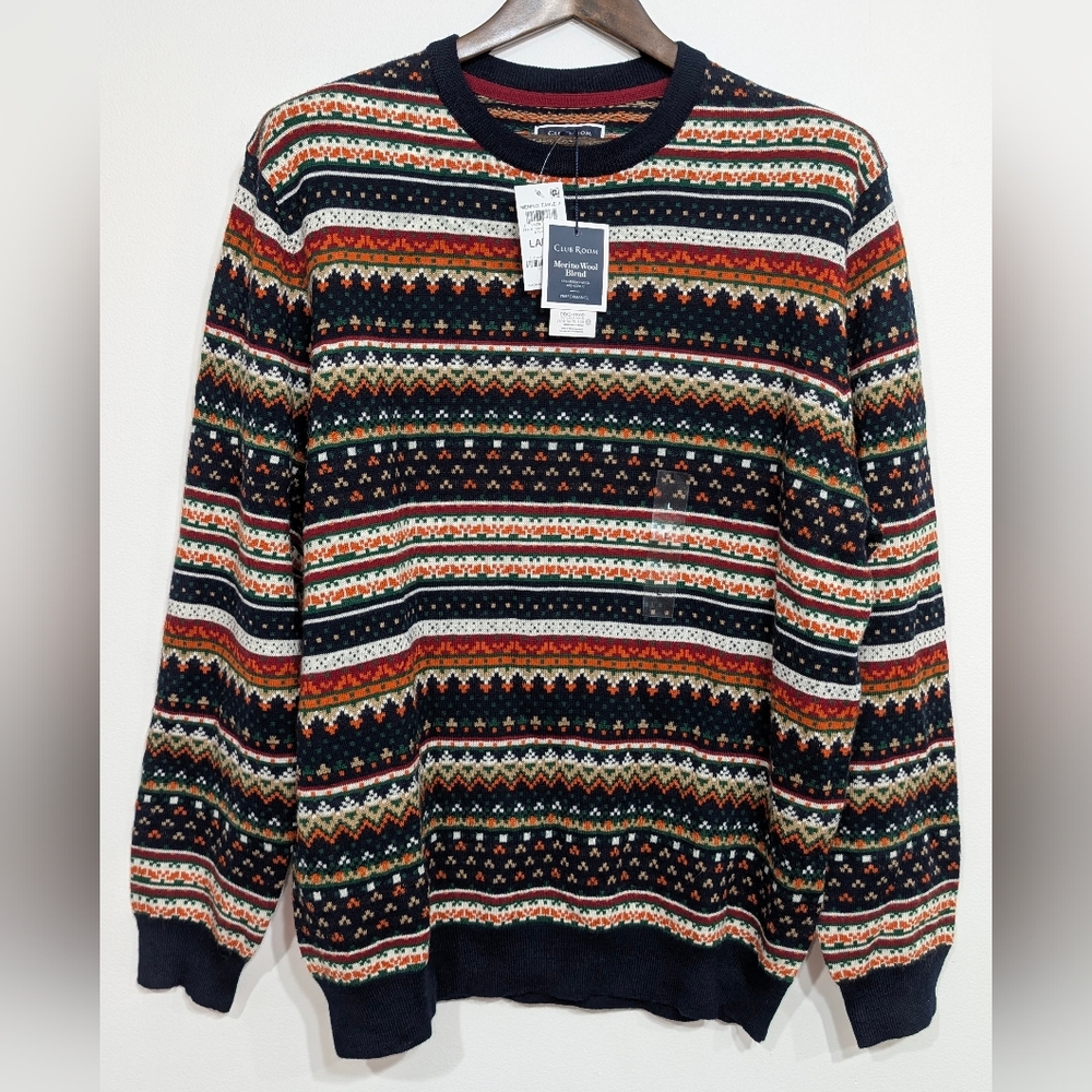 Club Room Men's L Merino Wool Blend Multicolor Fair Isle Crewneck Sweater
